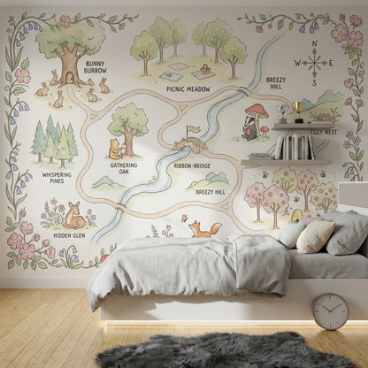 Whimsical Woodland Map Wallpaper Storybook Illustration Pastel Watercolor Wall Mural