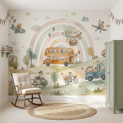 Nursery Wallpaper Pastel Rainbow Cute Animals Removable Wall Decor