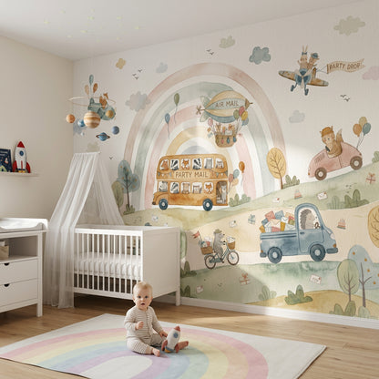 Nursery Wallpaper Pastel Rainbow Cute Animals Removable Wall Decor