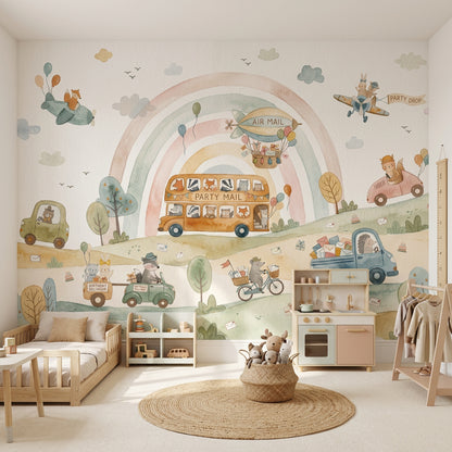 Nursery Wallpaper Pastel Rainbow Cute Animals Removable Wall Decor