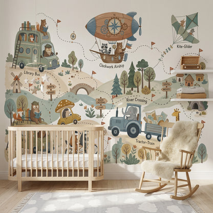 Whimsical Map Wallpaper Storybook Landscape Woodland Animals Wall Mural