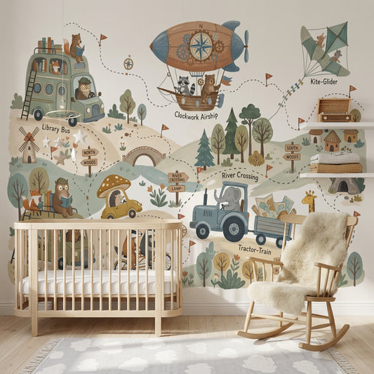 Whimsical Map Wallpaper Storybook Landscape Woodland Animals Wall Mural