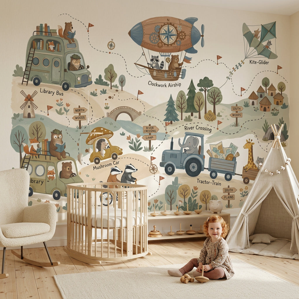 Whimsical Map Wallpaper Storybook Landscape Woodland Animals Wall Mural