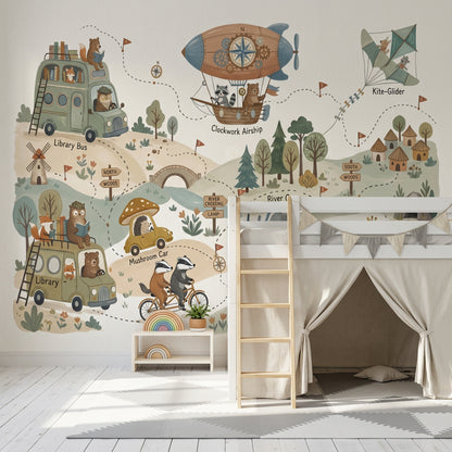 Whimsical Map Wallpaper Storybook Landscape Woodland Animals Wall Mural