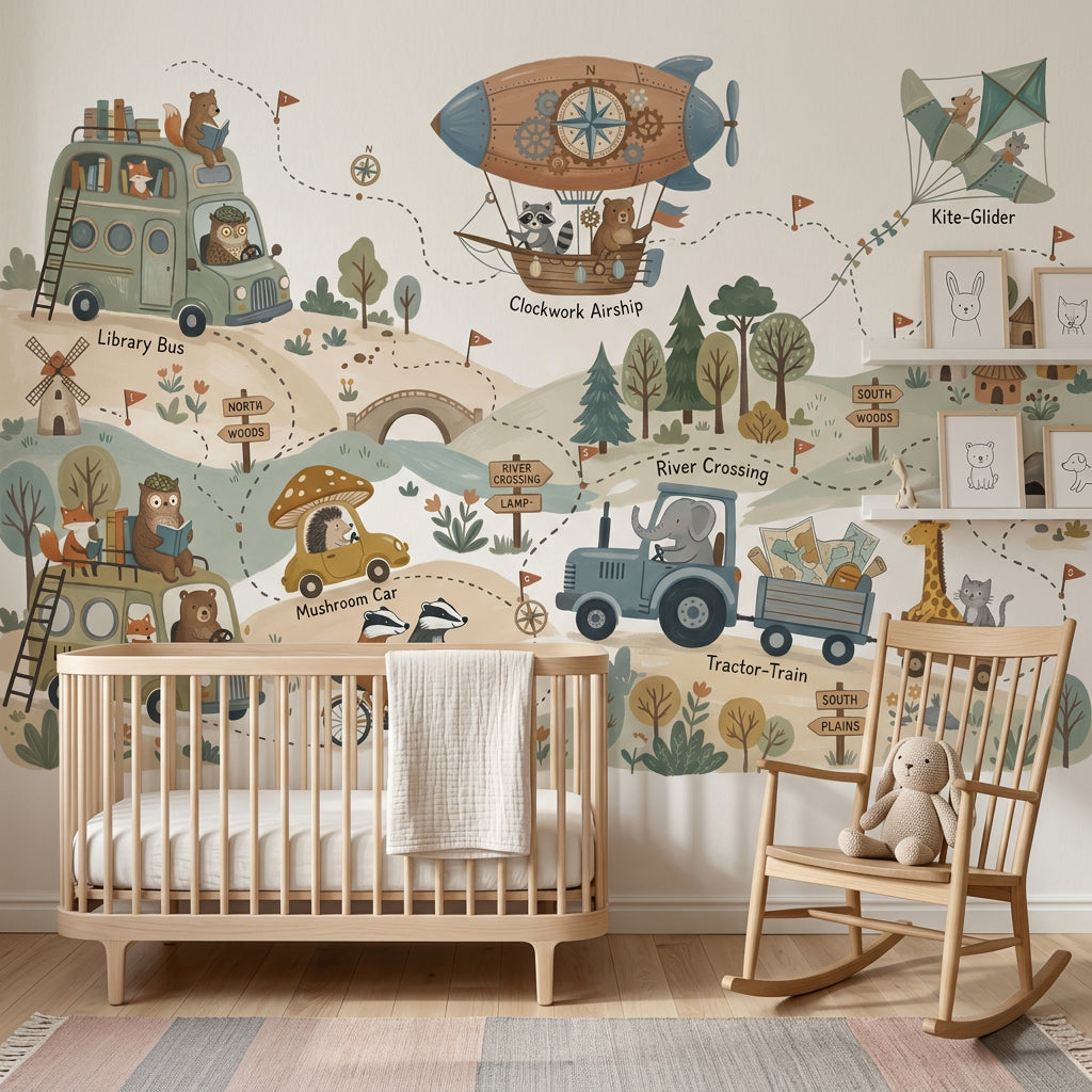 Whimsical Map Wallpaper Storybook Landscape Woodland Animals Wall Mural