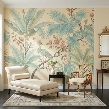Tropical Botanical Wallpaper Peacocks Palm Fronds Wall Mural
