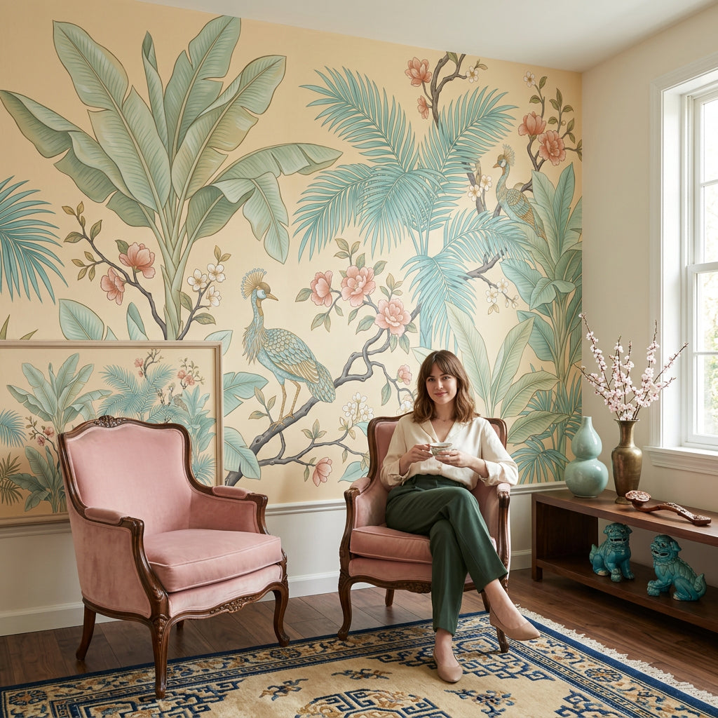 Tropical Botanical Wallpaper Peacocks Palm Fronds Wall Mural