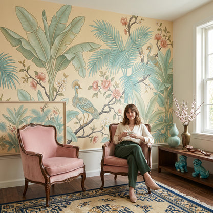 Tropical Botanical Wallpaper Peacocks Palm Fronds Wall Mural