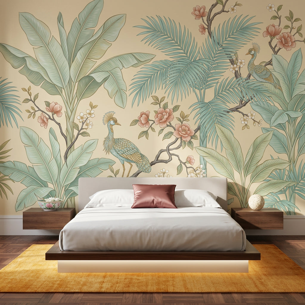 Tropical Botanical Wallpaper Peacocks Palm Fronds Wall Mural
