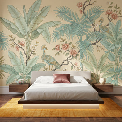 Tropical Botanical Wallpaper Peacocks Palm Fronds Wall Mural