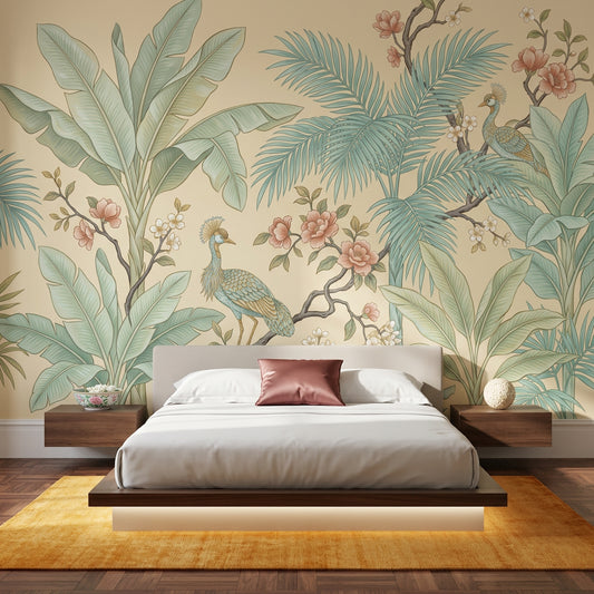Tropical Botanical Wallpaper Peacocks Palm Fronds Wall Mural