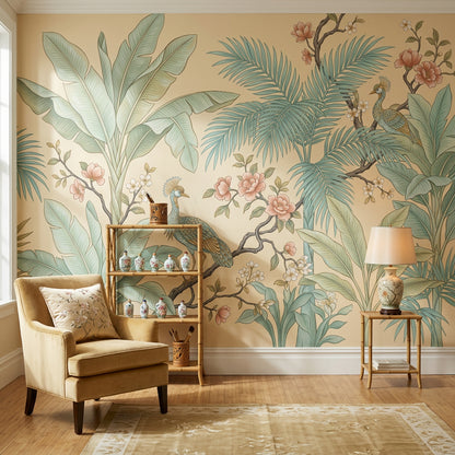 Tropical Botanical Wallpaper Peacocks Palm Fronds Wall Mural