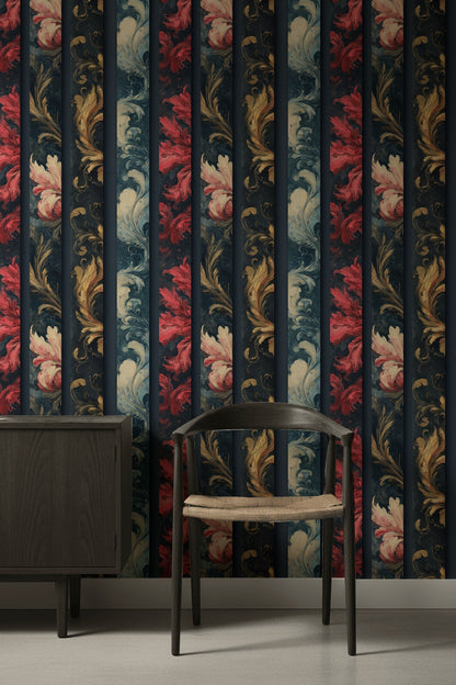 Ornamental Floral Wallpaper Damask Scrollwork Removable Baroque Inspired Wall Decor