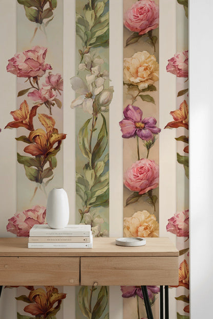 Floral Wallpaper Botanical Removable Vertical Stripes Wall Decor