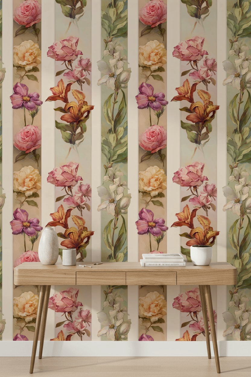 Floral Wallpaper Botanical Removable Vertical Stripes Wall Decor