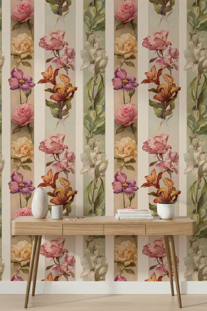 Floral Wallpaper Botanical Removable Vertical Stripes Wall Decor