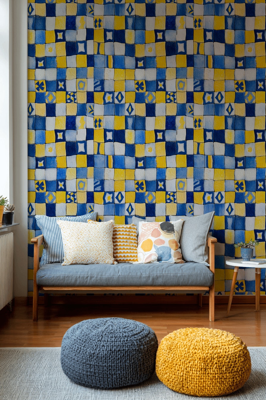 Geometric Mosaic Wallpaper Painted Tiles Mediterranean Removable Wall Decor