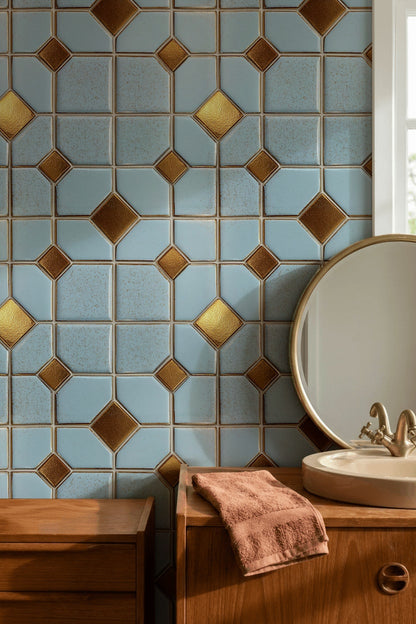 Geometric Tile Wallpaper Trellis Grid Removable Metallic Gold Accents Wall Decor