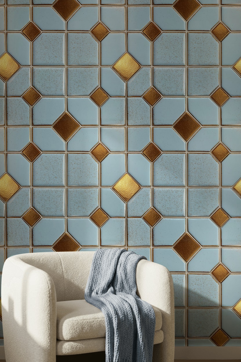 Geometric Tile Wallpaper Trellis Grid Removable Metallic Gold Accents Wall Decor