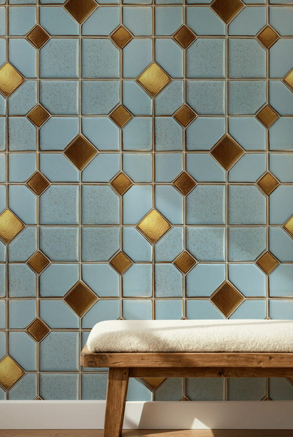 Geometric Tile Wallpaper Trellis Grid Removable Metallic Gold Accents Wall Decor