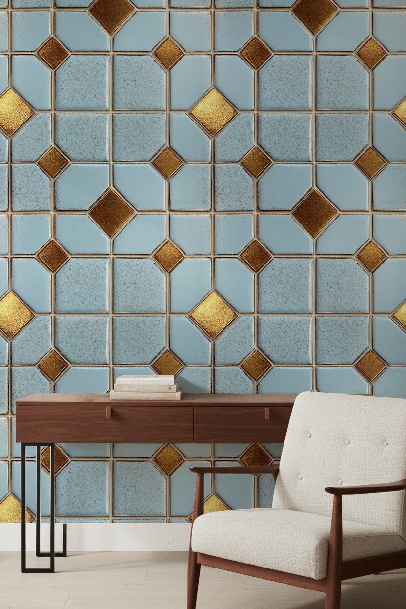 Geometric Tile Wallpaper Trellis Grid Removable Metallic Gold Accents Wall Decor