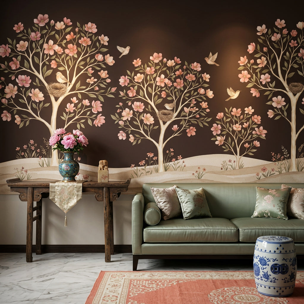 Storybook Mural Wallpaper Dark Brown Background Whimsical Garden Removable Wall Decor