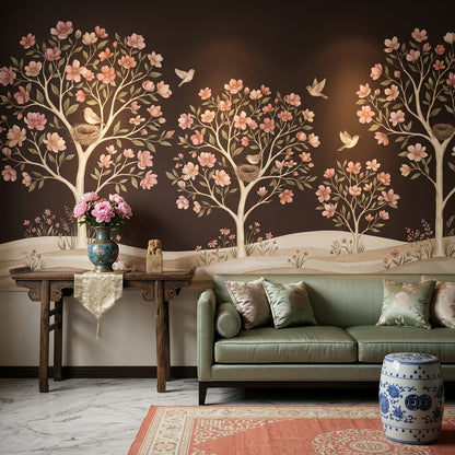 Storybook Mural Wallpaper Dark Brown Background Whimsical Garden Removable Wall Decor