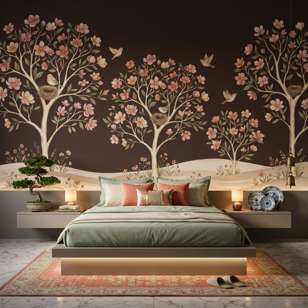 Storybook Mural Wallpaper Dark Brown Background Whimsical Garden Removable Wall Decor