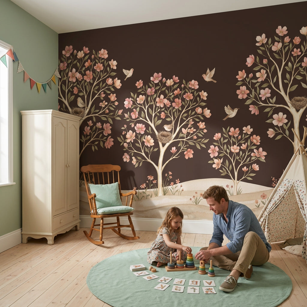 Storybook Mural Wallpaper Dark Brown Background Whimsical Garden Removable Wall Decor