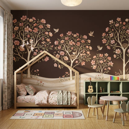 Storybook Mural Wallpaper Dark Brown Background Whimsical Garden Removable Wall Decor
