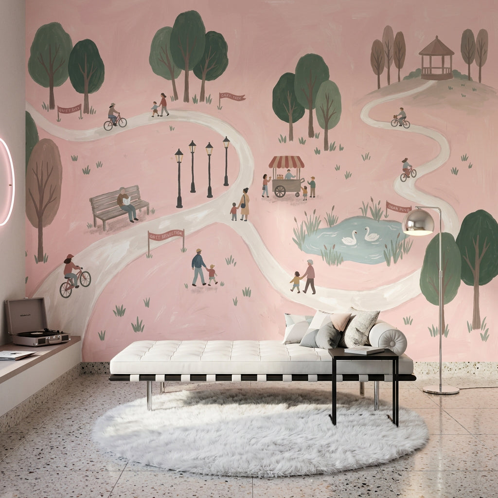 Pastel Park Landscape Wallpaper Pink Background Winding Path Wall Mural