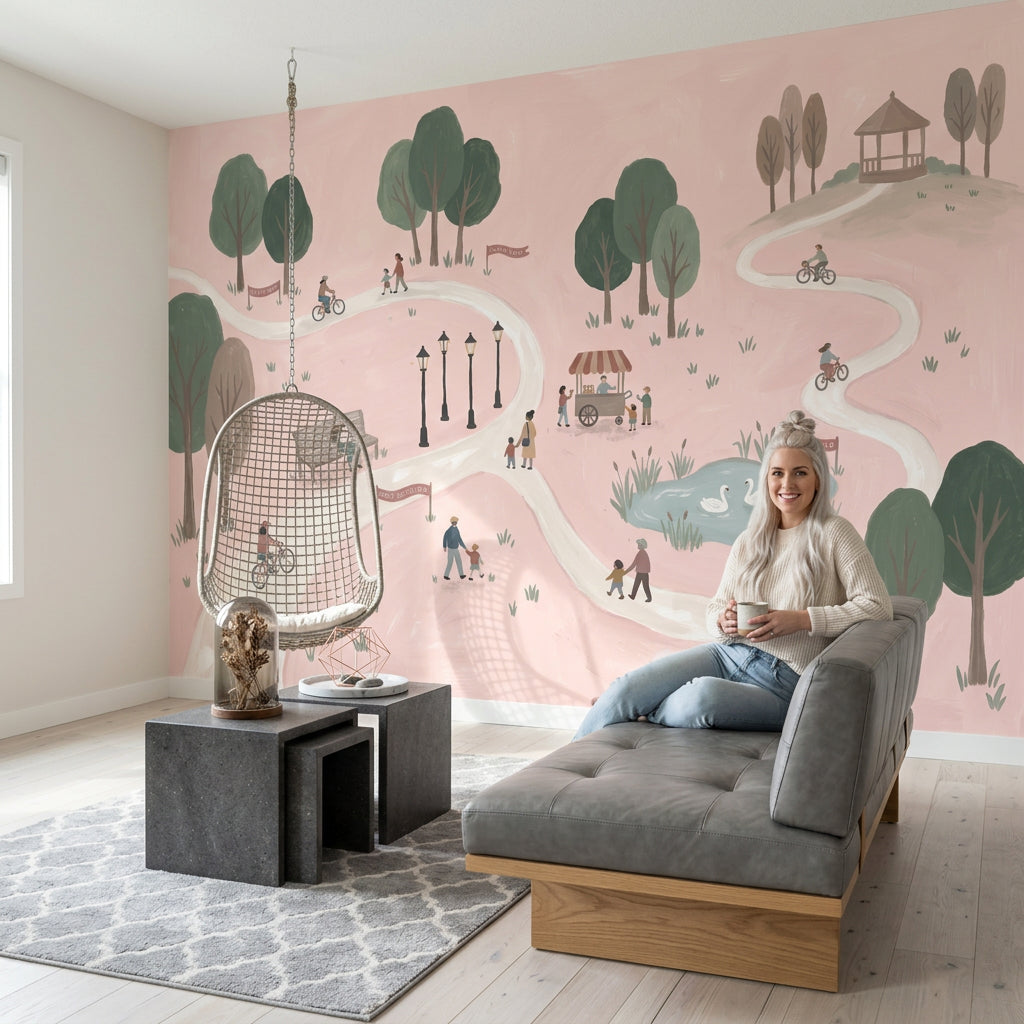 Pastel Park Landscape Wallpaper Pink Background Winding Path Wall Mural