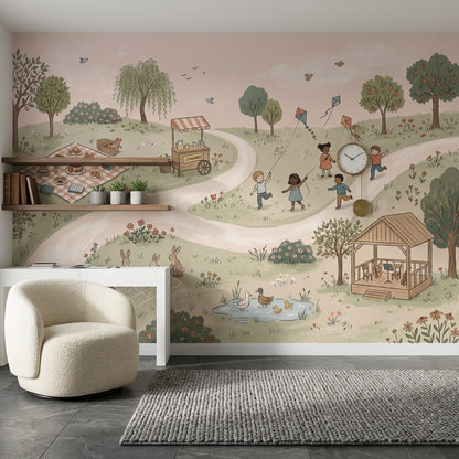 Pastoral Landscape Wallpaper Children Playing Removable Kites Wall Decor