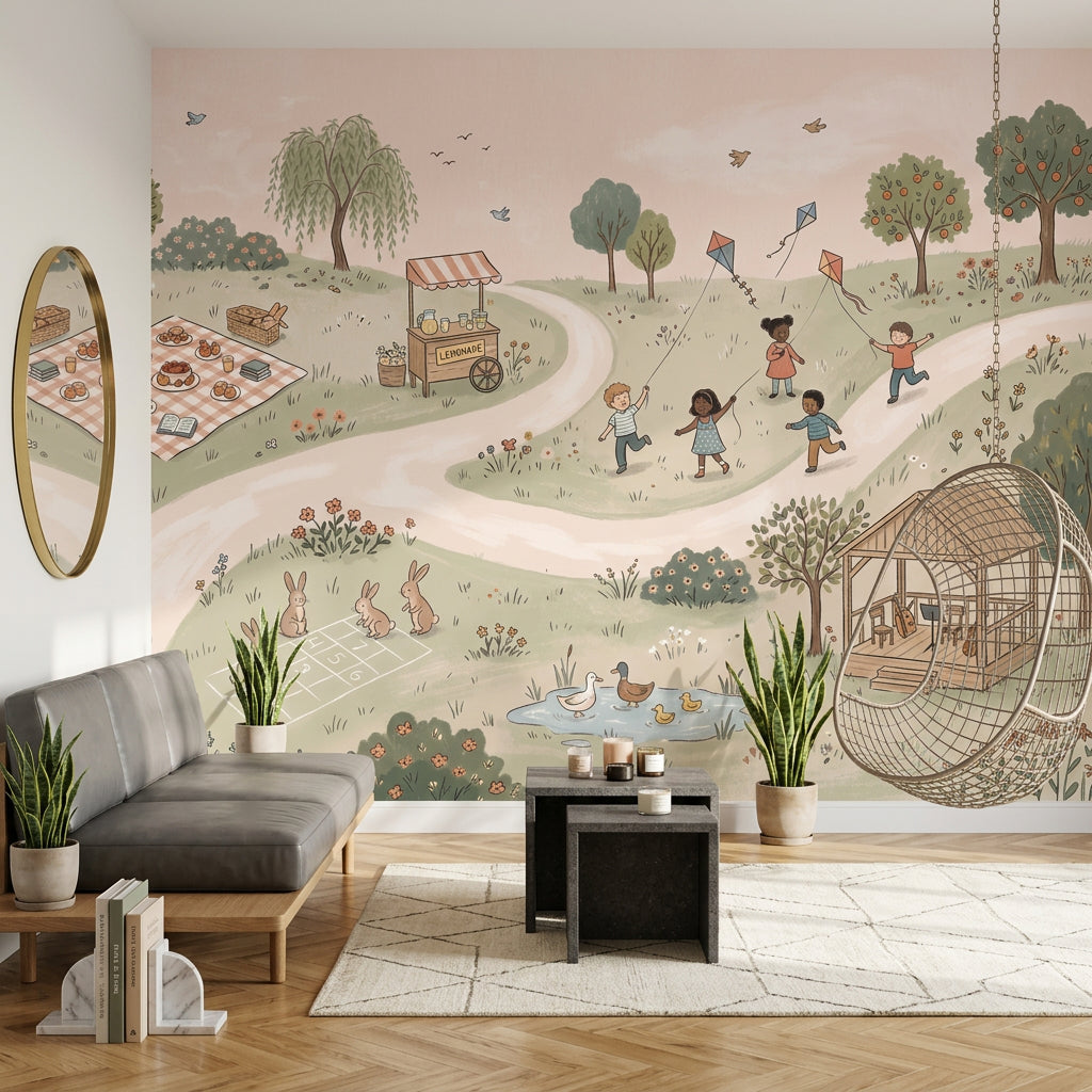 Pastoral Landscape Wallpaper Children Playing Removable Kites Wall Decor