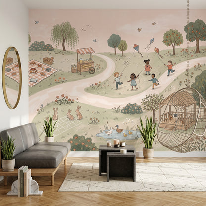 Pastoral Landscape Wallpaper Children Playing Removable Kites Wall Decor