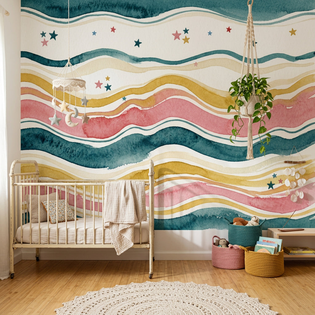 Watercolor Texture Wallpaper Painted Waves Starry Stripes Wall Mural