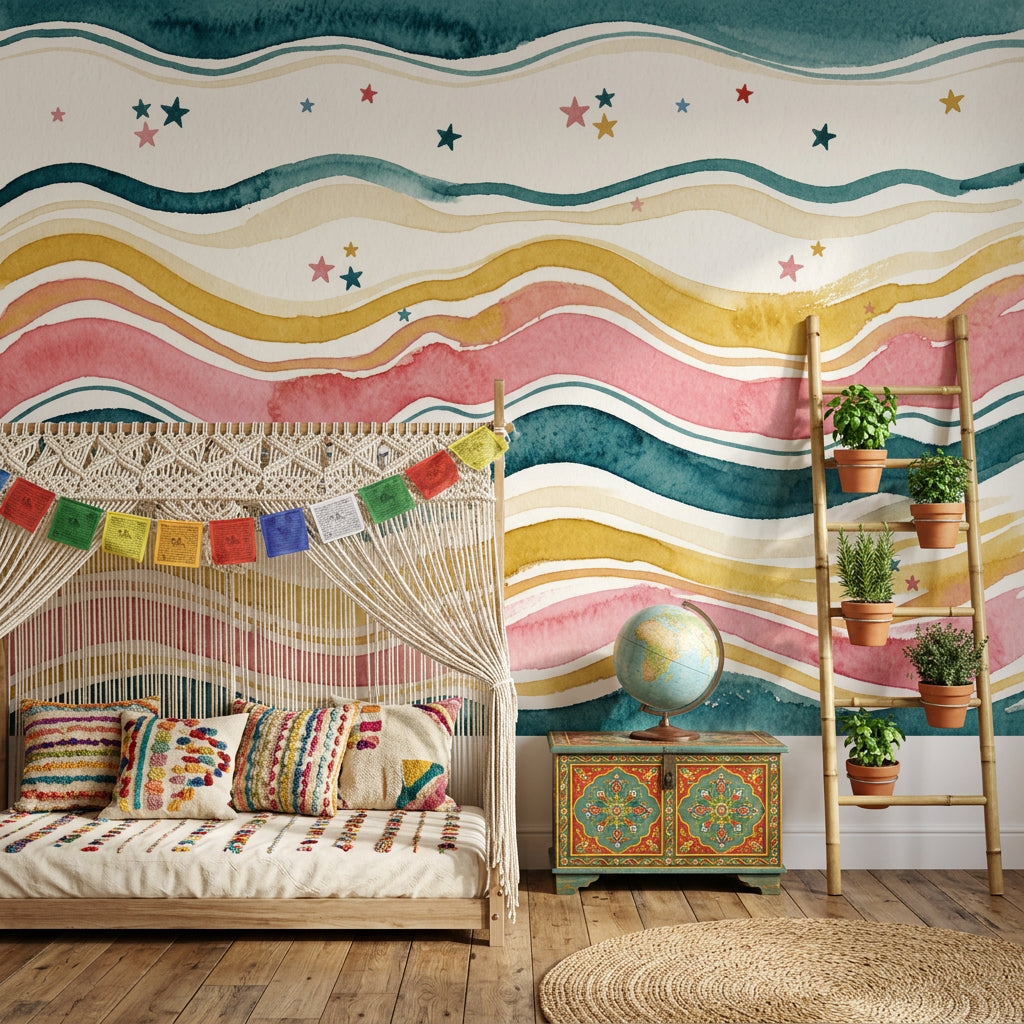 Watercolor Texture Wallpaper Painted Waves Starry Stripes Wall Mural
