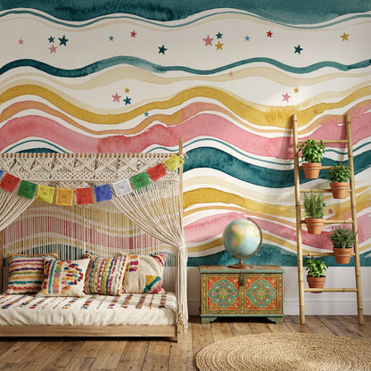 Watercolor Texture Wallpaper Painted Waves Starry Stripes Wall Mural
