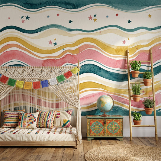 Watercolor Texture Wallpaper Painted Waves Starry Stripes Wall Mural