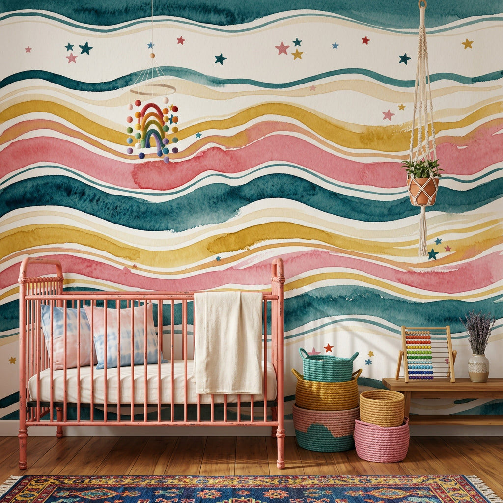 Watercolor Texture Wallpaper Painted Waves Starry Stripes Wall Mural