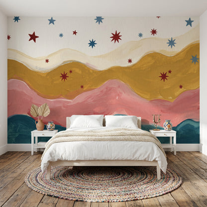 Abstract Landscape Wallpaper Wavy Layers Starburst Stars Removable Wall Decor