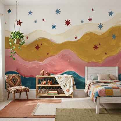 Abstract Landscape Wallpaper Wavy Layers Starburst Stars Removable Wall Decor