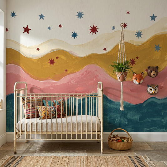 Abstract Landscape Wallpaper Wavy Layers Starburst Stars Removable Wall Decor