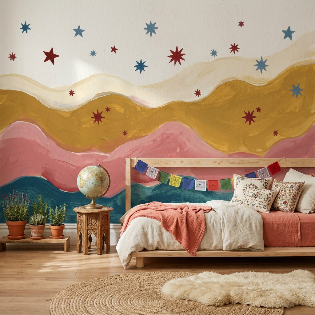Abstract Landscape Wallpaper Wavy Layers Starburst Stars Removable Wall Decor