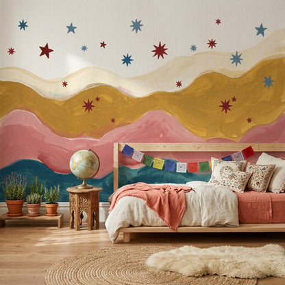 Abstract Landscape Wallpaper Wavy Layers Starburst Stars Removable Wall Decor
