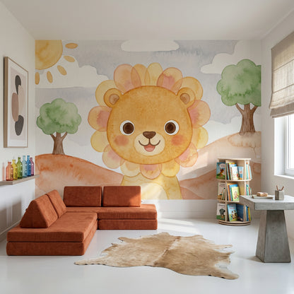 Watercolor Wallpaper Cute Lion Removable Nursery Wall Decor