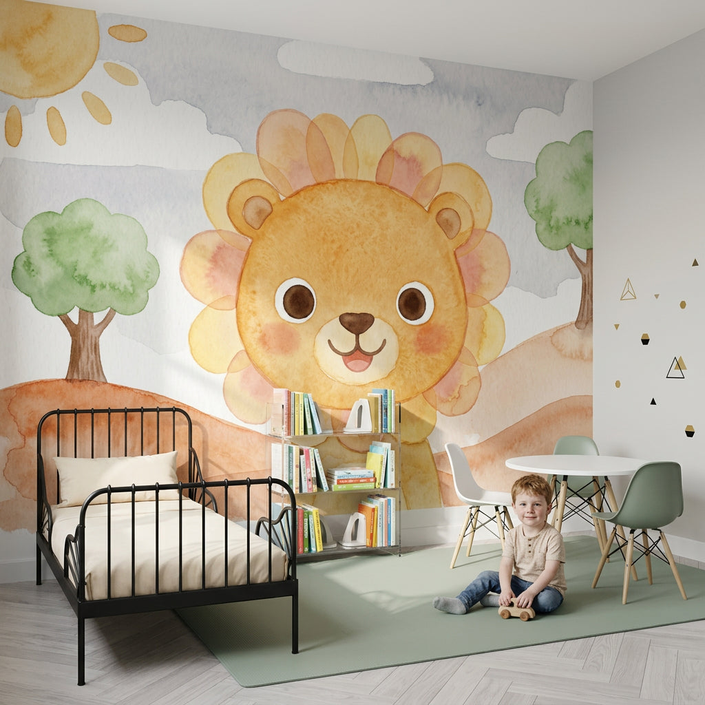 Watercolor Wallpaper Cute Lion Removable Nursery Wall Decor