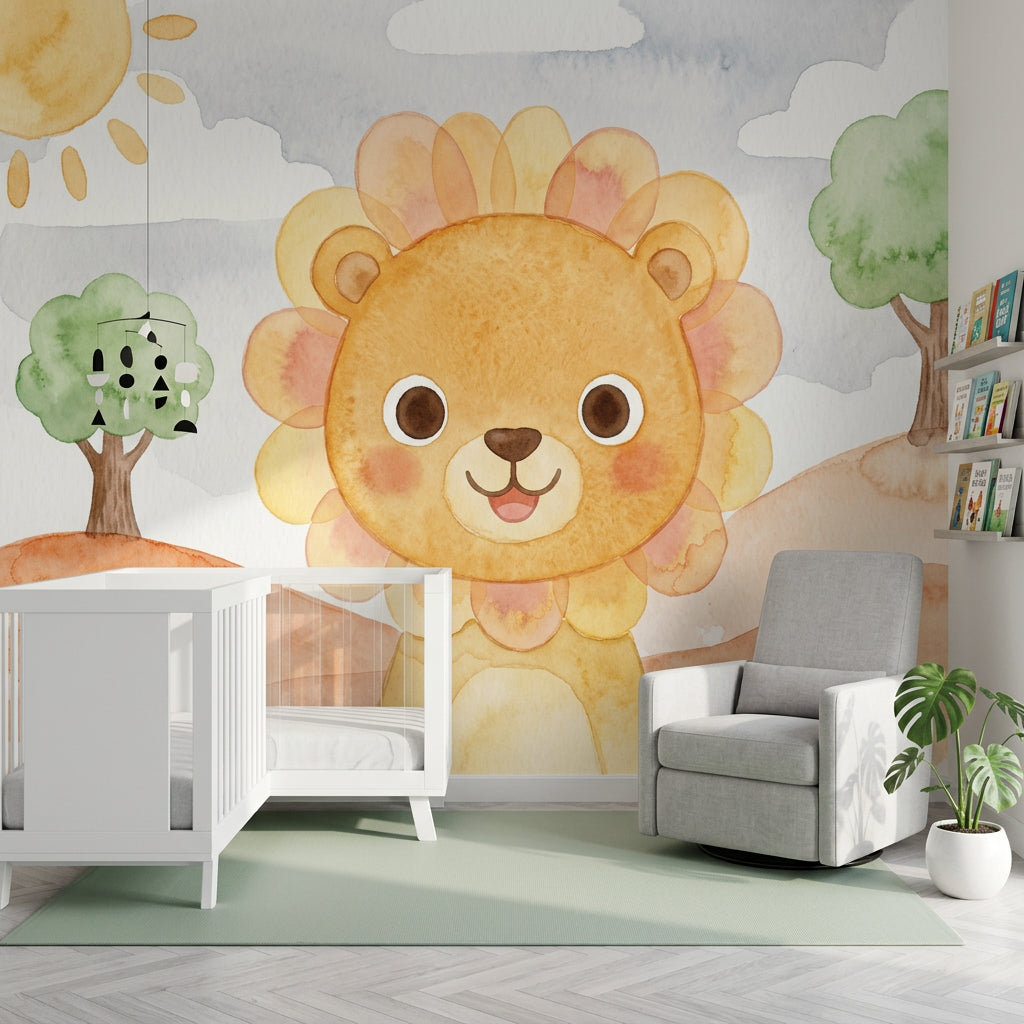 Watercolor Wallpaper Cute Lion Removable Nursery Wall Decor