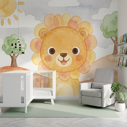 Watercolor Wallpaper Cute Lion Removable Nursery Wall Decor