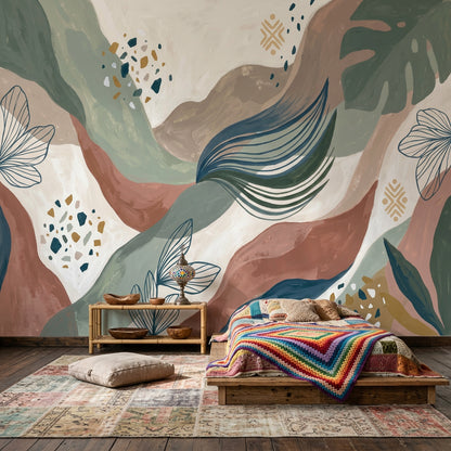 Abstract Botanical Wallpaper Organic Waves Painterly Brushstrokes Wall Mural